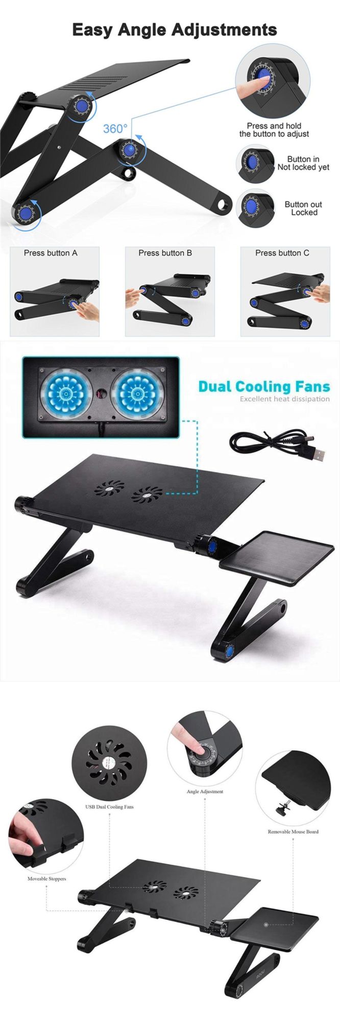 Adjustable Laptop Stand Laptop Desk with CPU Cooling USB Fans for Bed Aluminum Lap Workstation Desk with Mouse Pad Foldable Cook Book Stand