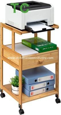 3-Tiers Mobile Printer Stand Holder with Drawer, Rolling Cart with Wheels, Bamboo Rack for Home and Office