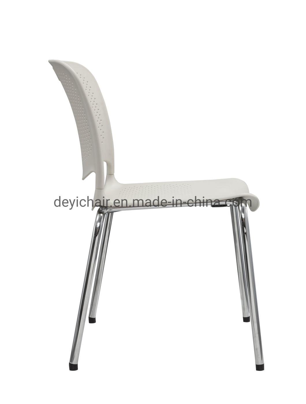 White Color Powder Coated Finished 4 Legs Base Fabric Upholstery Seat Cushion No Arm Stacking Chair