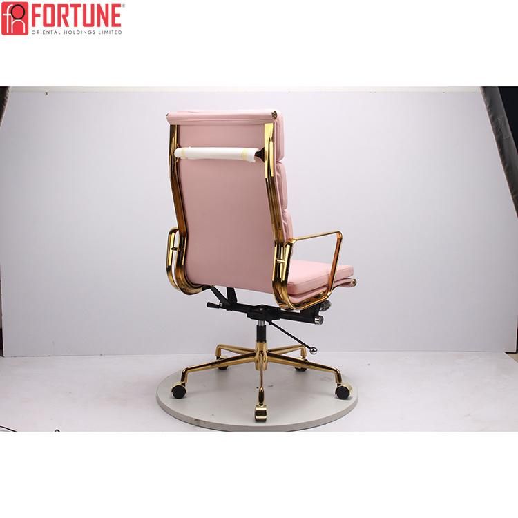 Ergonomic Design Pink Leather Office Chair with Golden Aluminum Frame