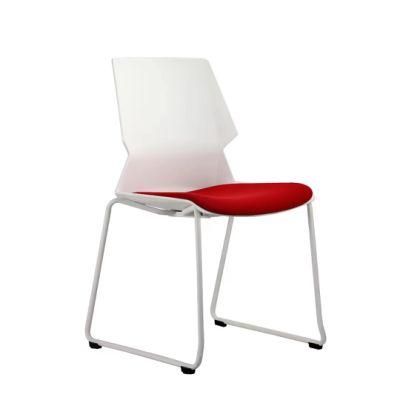 White Color Plastic Shell Red Seat Cushion Chromed Finished Sled Base No Arm Stacking Chair
