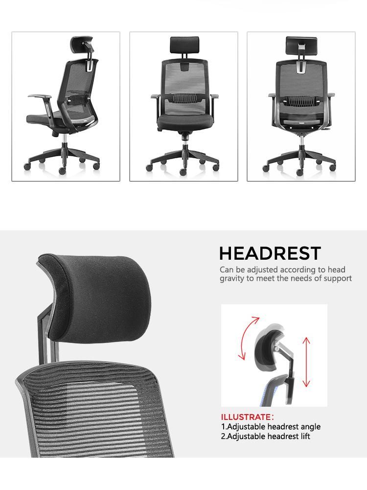 Huashi Office Furniture Chair High Back Armrest Adjustable Headrest Swivel Mesh Ergonomic Office Chair