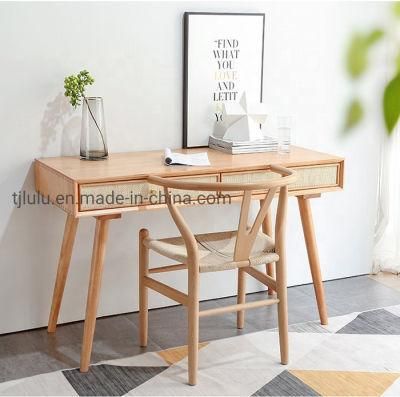 Nordic Rattan Wooden Bedroom Study Writing Table Modern Computer Home Office Desk with Drawers