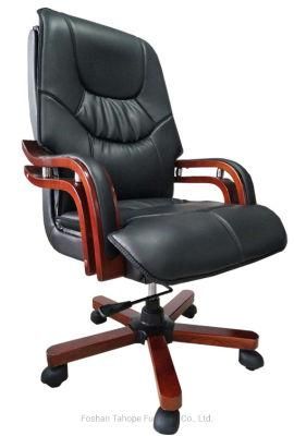 Factory PU Leather High Back Swivel Executive Manager Office Chair with Wooden Armrest