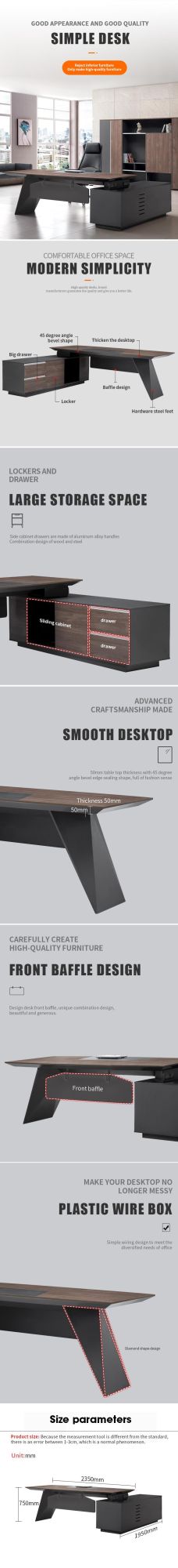Luxury Melamine MDF Furniture Modern Boss Director Desk Wooden Executive Manager Office Table