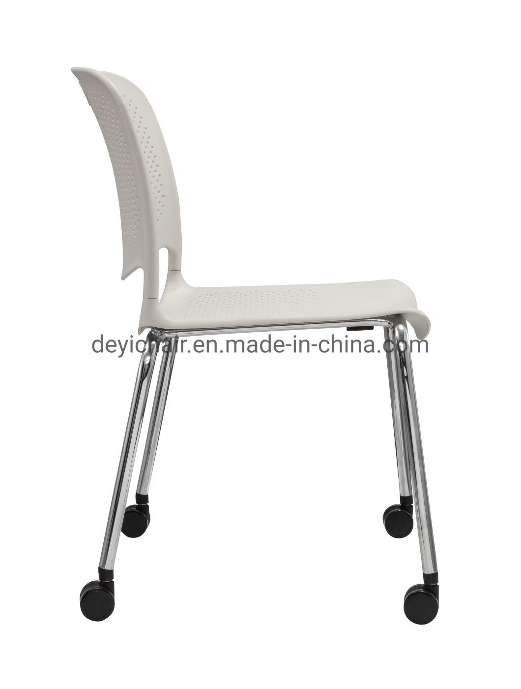 White Color Plastic Shell with Seat Cushion Chromed Finished 4 Legs Frame Stool with Seat Cushion Chair with Casters