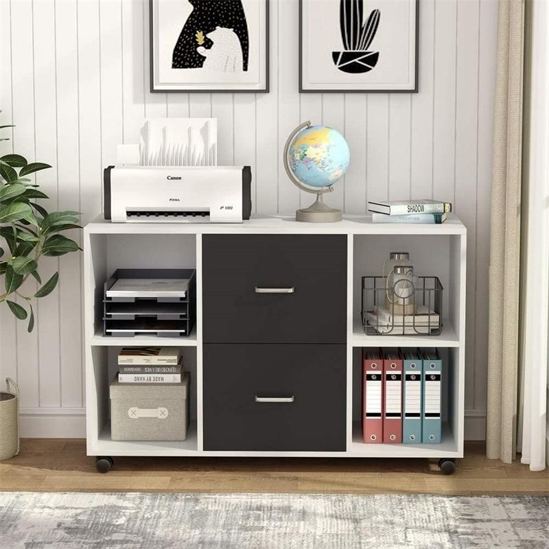 2 Drawer Wood File Cabinet Letter Size Large Mobile Lateral Filing Cabinet Printer Stand with Storage Shelves and Wheels for Home Office