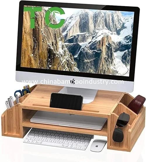 Bamboo 2-Tier Monitor Riser with Adjustable Storage Organizer Desktop Stand