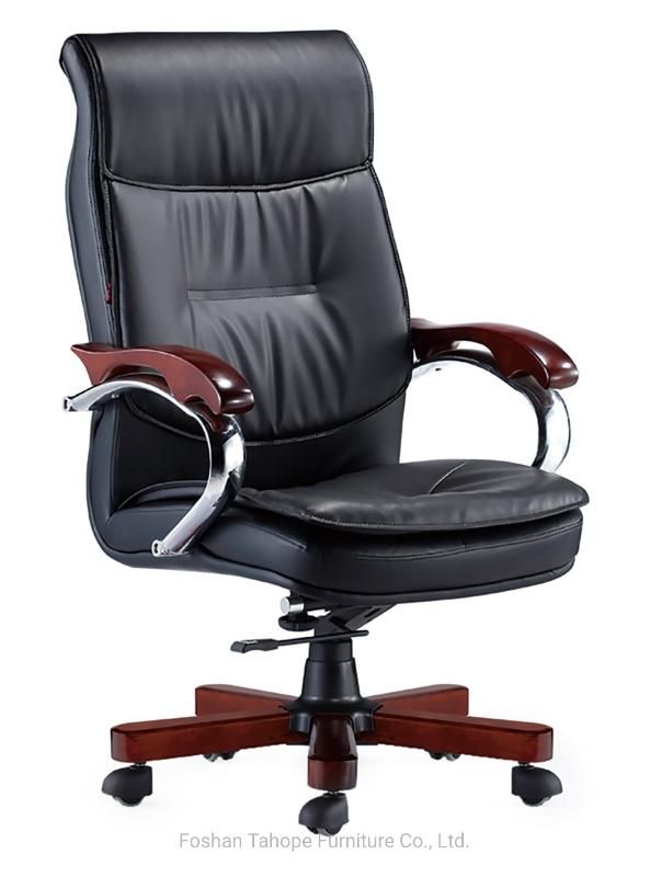 Factory PU Leather High Back Swivel Executive Manager Office Chair with Wooden Armrest