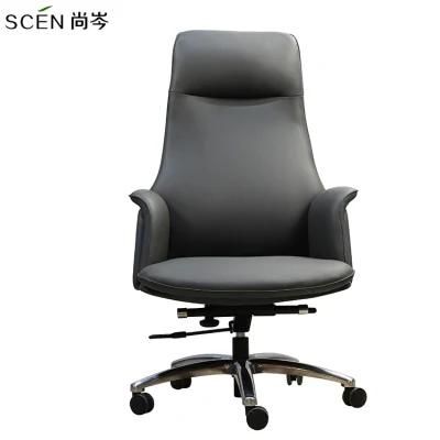 Aluminium Base Leather Chair Modern Design Cow Leather High Back Ergonomic Swivel Chair for Office