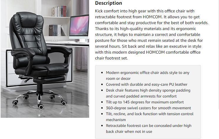 Mingsheng Ergonomic Executive Office Chair High Back PU Leather Reclining Chair with Retractable Footrest Lumbar Support Padded Headrest Armrest Dark Black