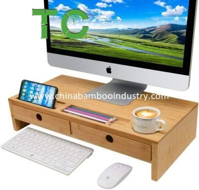 Bamboo Monitor Stand Riser with 2 Drawers, Desk Organizer Laptop Stand with Keyboard Storage,