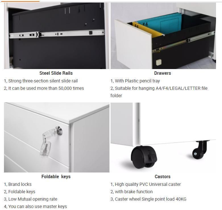 Steel Pre-Assembled Office Used Rolling Mobile Pedestal Storage Cabinet