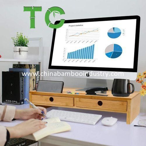 Bamboo Monitor Stand Riser with 2 Drawers, Desk Organizer Laptop Stand with Keyboard Storage,