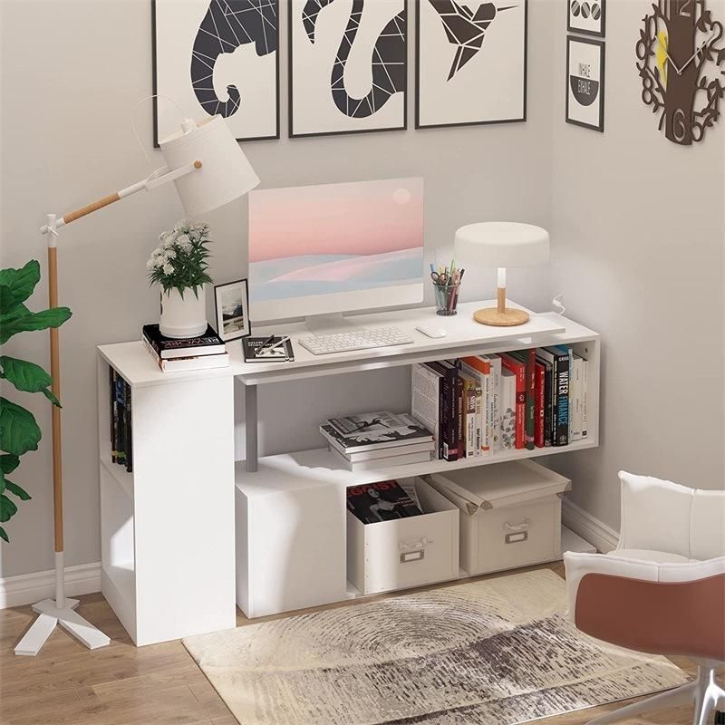 White 360 Rotating Corner Computer Desk Modern L-Shaped Home Office Workstation with 3-Tier Storage Shelves
