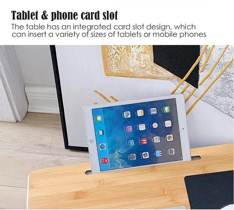 Sample Available Wholesale Portable Bamboo Laptop Stand Wooden Lap Tray Bed Sofa Desk with Soft Pillow Cushion Computer Desk with Phone Slot