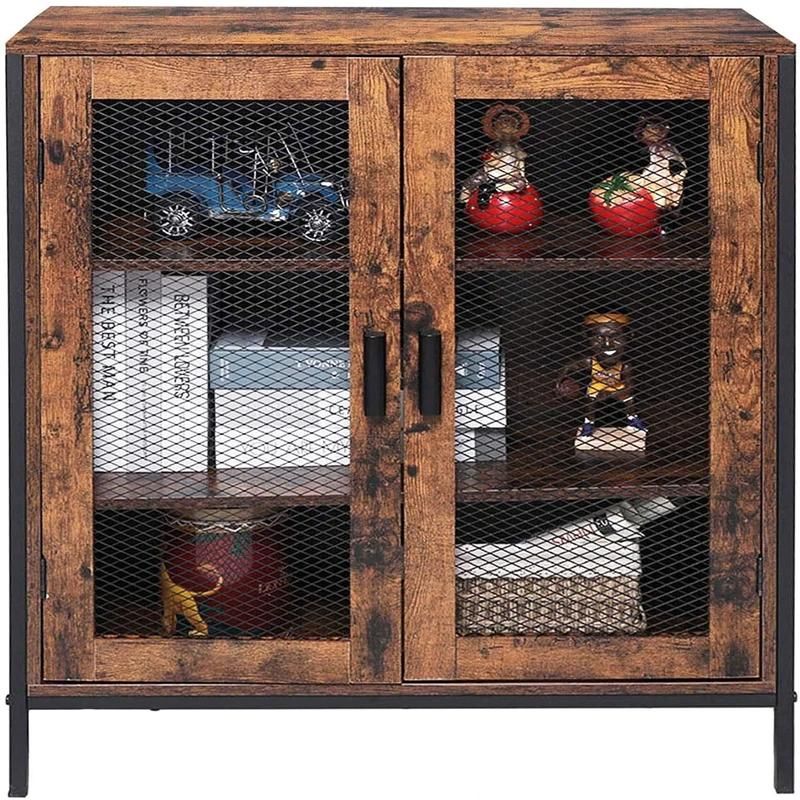 Living Room with Three Compartments Brown Floor-Standing Mesh Storage Cabinet 0228