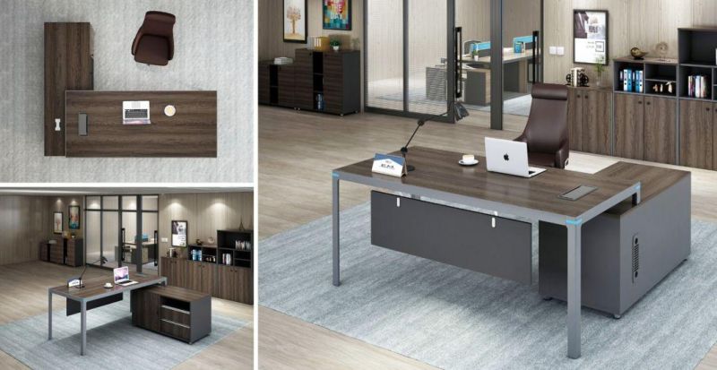 Melamine L-Shaped Wooden Modern Office Executive Boss Desk with Steel Legs