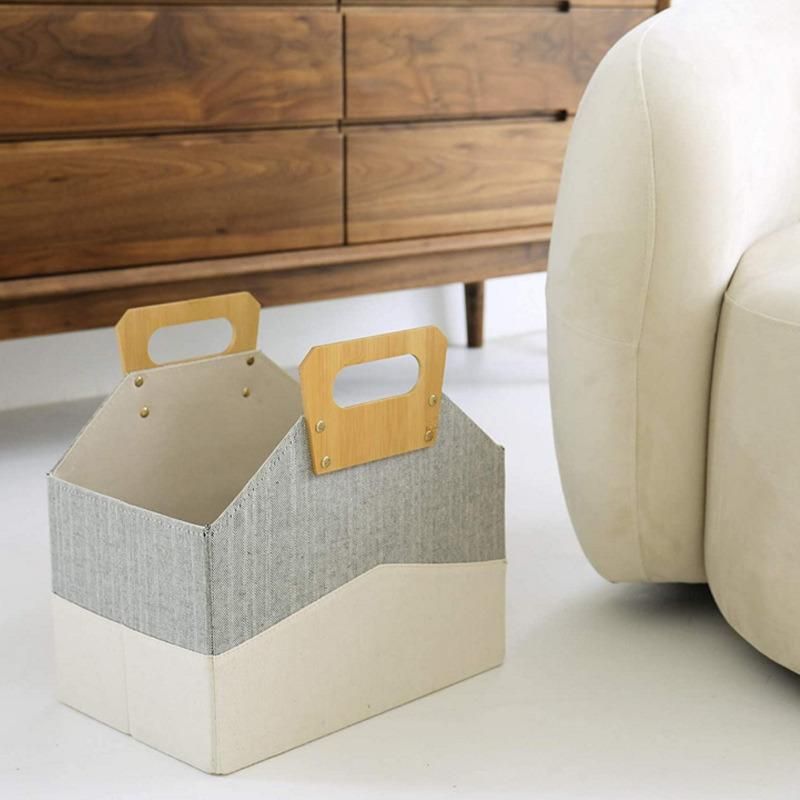 Foldable Storage Bins Collapsible Storage Basket with Bamboo Handles Magazine Rack Box for Shelves Closet & Living Room