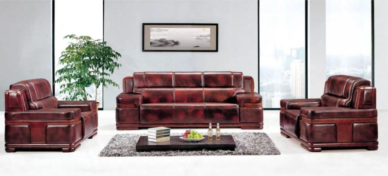 China Sofa Furniture Solid Wood Frame Black Leather Office Sofa Set