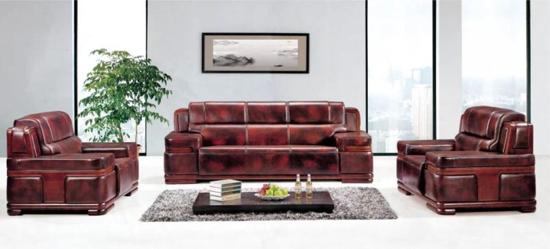 China Sofa Furniture Solid Wood Frame Black Leather Office Sofa Set