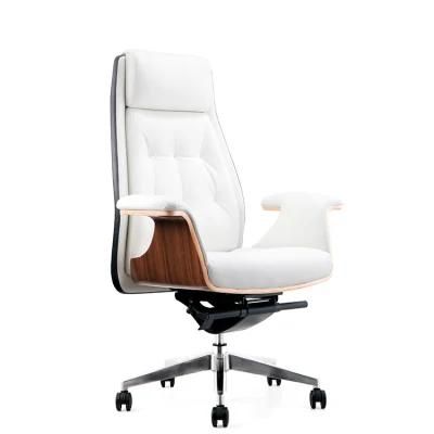Elegant Warm White Leather Office Chair High Back Executive Wooden Armrest Office Chair (HY-JY302A)