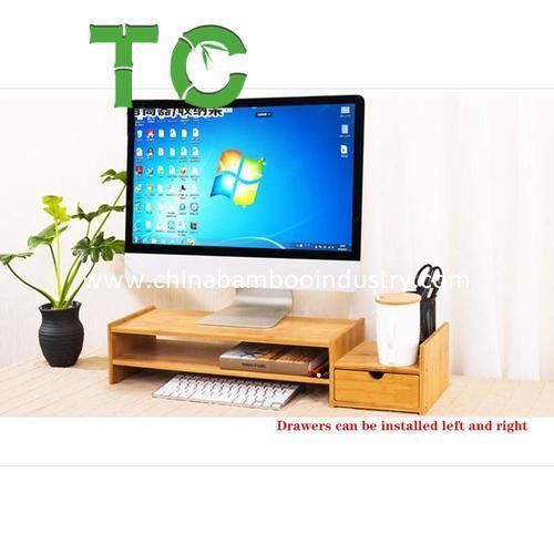 Desk Organizer-Bamboo 2 Tier Laptop Stand with Drawers, Adjustable Desktop Storage Organizer for Computer, Printer
