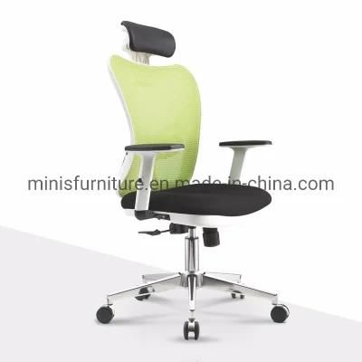 (M-OC301) Office Swivel Aluminium Alloy Green Mesh Fabric High Back Chair with White Frame and Headrest
