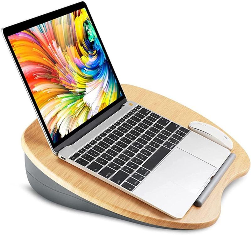 Laptop Stand with Pillow Cushion & Bamboo Grain Platform on Bed & Sofa, with Cable Hole & Anti-Slip Strip