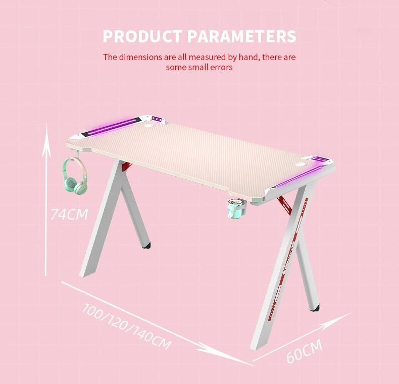 Elites Hot Sale Pink Series Customize Logo Gaming Desk with RGB Light Computer Table Gaming Desk