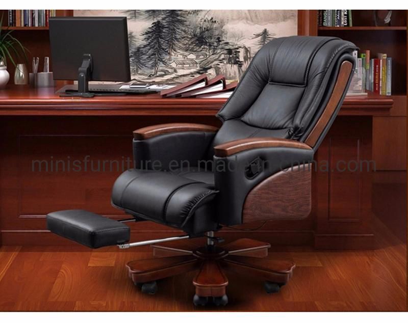 (M-OC296) CEO Office Executive Furniture Cow Leather Swivel Chair with Wood Arms and Footstool