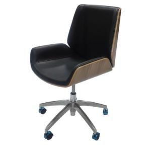 Modern Style Durable Executive Leather Swivel Office Chair Wooden Low Back Chair with Wheels for Staff