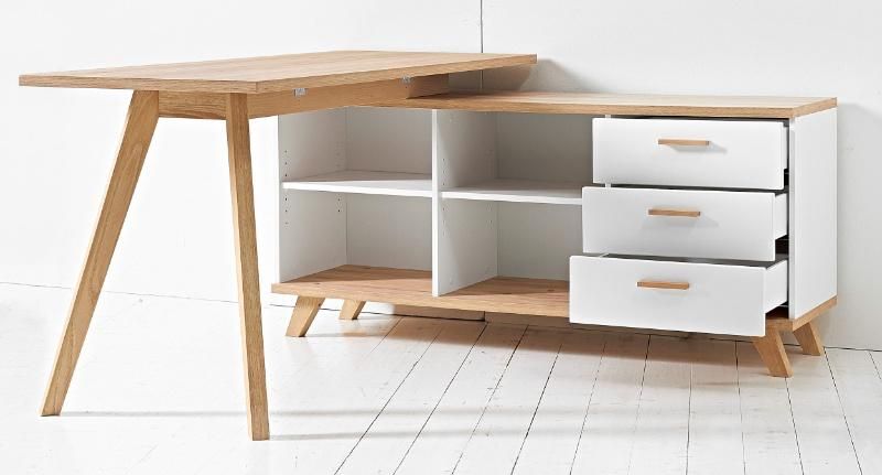 L-Shaped Stable Wood Computer Desk with Bookshelf Storage