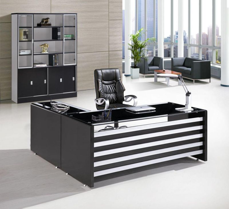 Modern Design Luxury Executive Tempered Glass Office Table with Side Desk
