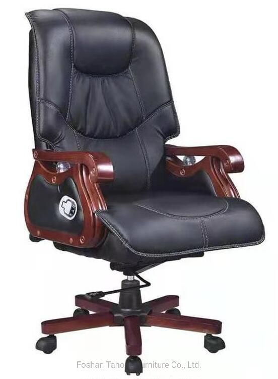 Factory PU Leather High Back Swivel Executive Manager Office Chair with Wooden Armrest