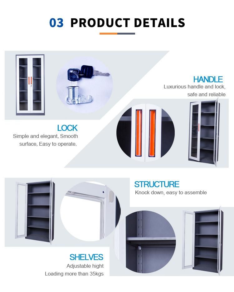 New Style and Popular Office Furniture Metal File Storage Cabinet Cupboard with 2 Glass Door