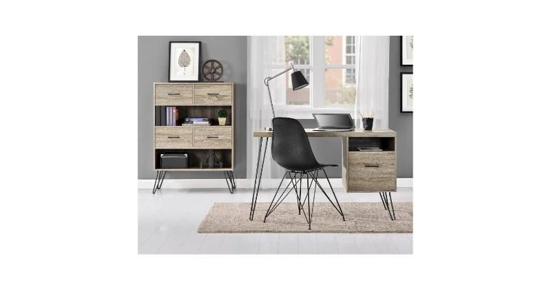 LED Wood Computer Desk with Storage Bookcase for Home
