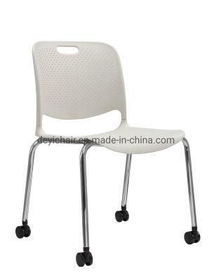 White Color Plastic Shell with Seat Cushion Chromed Finished 4 Legs Frame Stool with Seat Cushion Chair with Casters