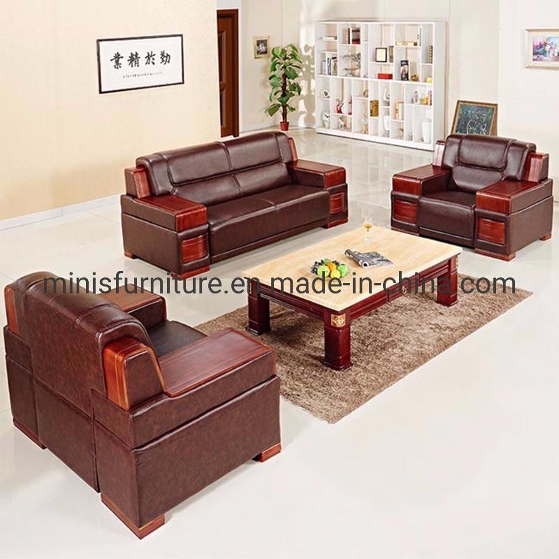 (M-SF13) Office Furniture Wood Frame Black Leather Sofa Set Including Coffee Table