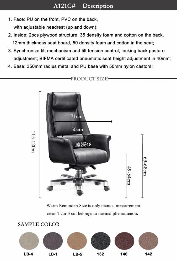 Reclining Office Sofa Chair Leather Office Boss Chair with up Down Headrest Back Support Lumbar Cushion