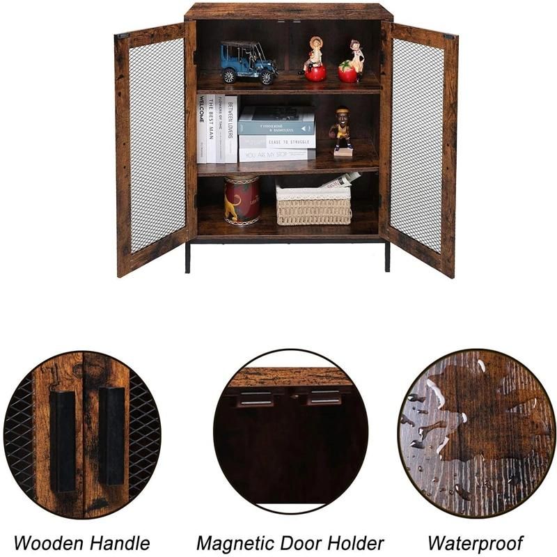 Living Room with Three Compartments Brown Floor-Standing Mesh Storage Cabinet 0228