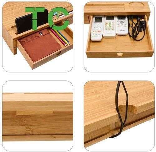 Bamboo Monitor Stand Riser with 2 Drawers, Desk Organizer Laptop Stand with Keyboard Storage,