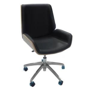 Contemporary Black Leather MID Back Walnut Wood Executive Swivel Desk Home and Office Room Office Chair
