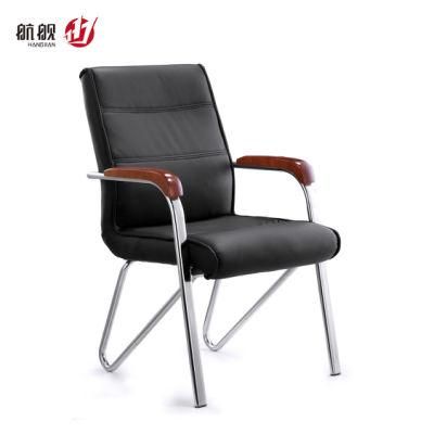 Meeting Room Guest Black Leather No Wheel Office Chair with Armrest