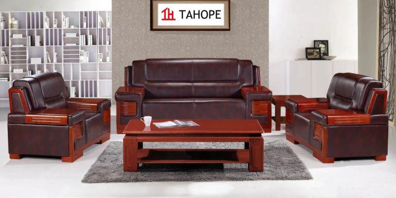 China Sofa Furniture Solid Wood Frame Black Leather Office Sofa Set