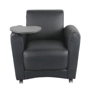 Black Office Guest Chair with Bonded Leather Upholstered and 360 Degree Swivel Tablet Arm