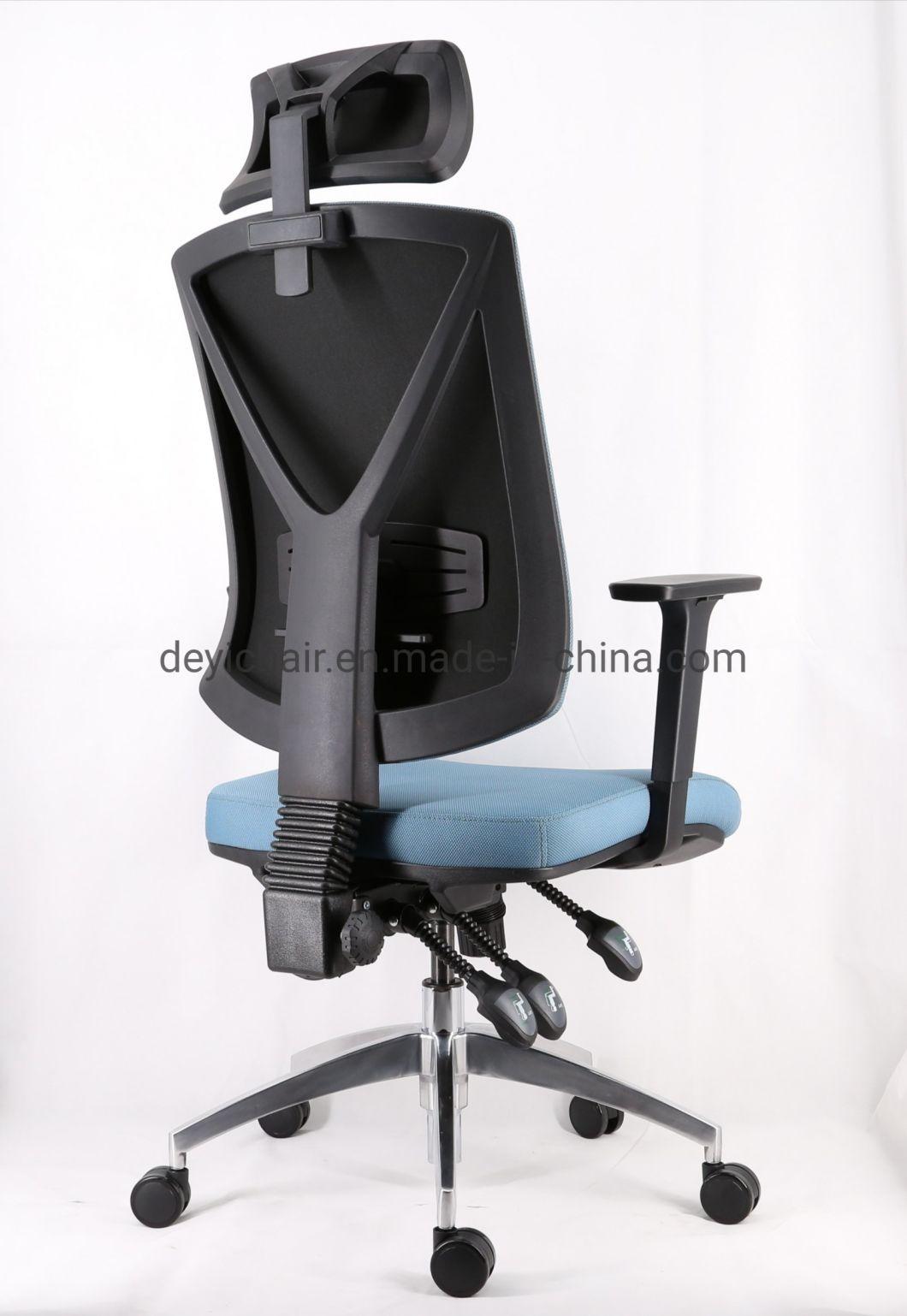 3 Lever Heavy Duty Mechanism Aluminum Base with Adjustable Arms and Lumbar Support and with Headrest High Back Chair