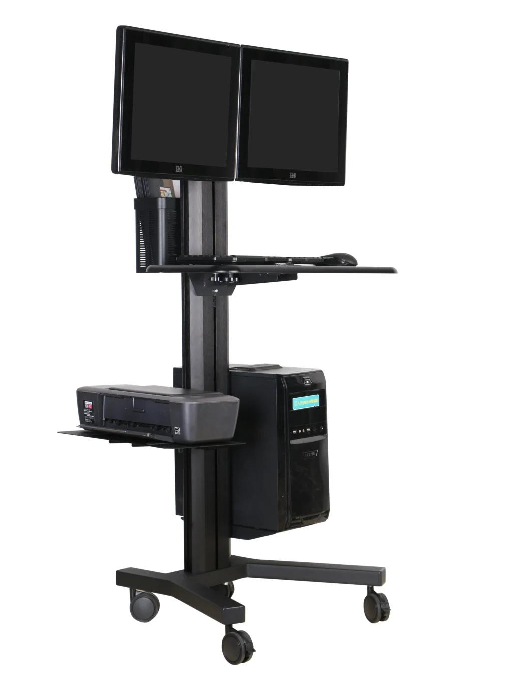 Silver/Black Mobile Computer Workstation with Power Rail Two Monitors