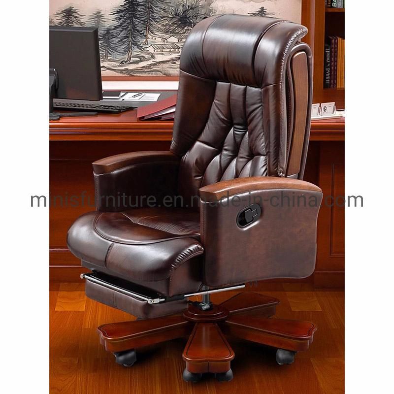 (M-OC296) CEO Office Executive Furniture Cow Leather Swivel Chair with Wood Arms and Footstool