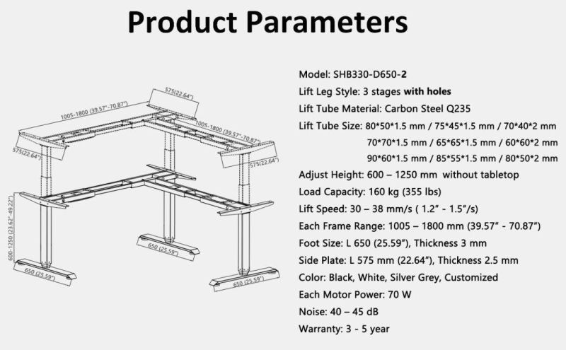 Low Noise 3 Legs L Shape Electric Sit Standing Height Adjustable Corner Desk